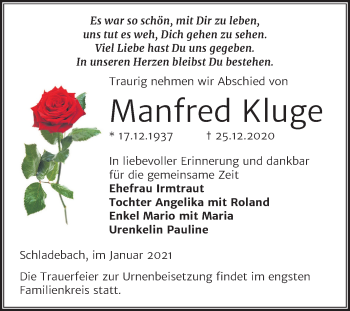 Traueranzeige von Manfred Kluge von Mitteldeutsche Zeitung Merseburg/Querfurt