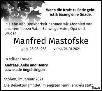 Traueranzeige von Manfred Mastofske von Super Sonntag Weißenfels
