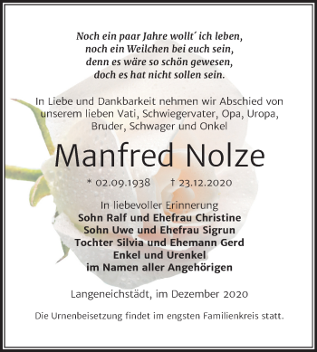 Traueranzeige von Manfred Nolze von Mitteldeutsche Zeitung Merseburg/Querfurt