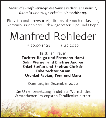 Traueranzeige von Manfred Rohleder von Super Sonntag Merseburg/Querfurt