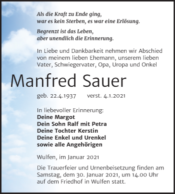 Traueranzeige von Manfred Sauer von Super Sonntag Köthen