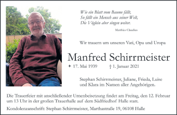 Traueranzeige von Manfred Schirrmeister von Mitteldeutsche Zeitung Halle/Saalkreis