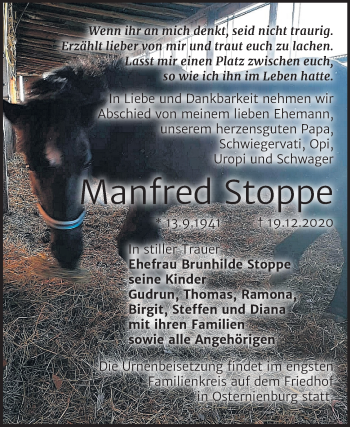 Traueranzeige von Manfred Stoppe von Super Sonntag Köthen