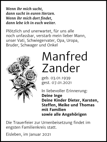 Traueranzeige von Manfred Zander von Super Sonntag Mansfelder Land