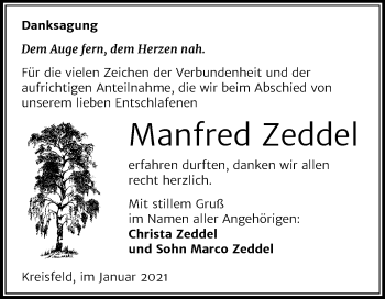 Traueranzeige von Manfred Zeddel von Super Sonntag Mansfelder Land