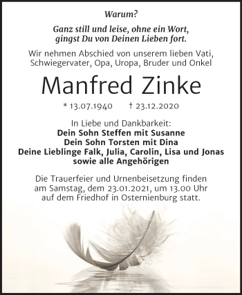 Traueranzeige von Manfred Zinke von Super Sonntag Köthen