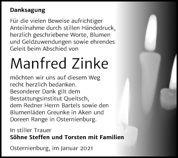 Traueranzeige von Manfred Zinke von Super Sonntag Köthen