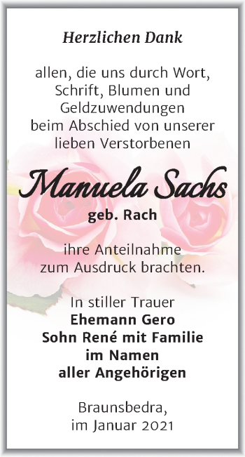 Traueranzeige von Manuela Sachs von Mitteldeutsche Zeitung Merseburg/Querfurt