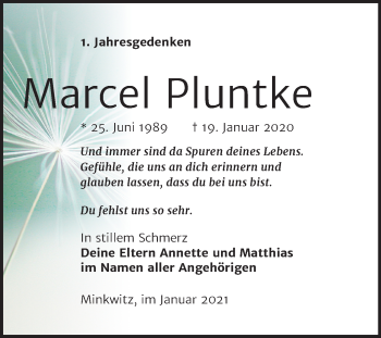 Traueranzeige von Marcel Pluntke von Mitteldeutsche Zeitung Zeitz