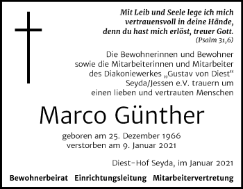 Traueranzeige von Marco Günther von Super Sonntag Wittenberg
