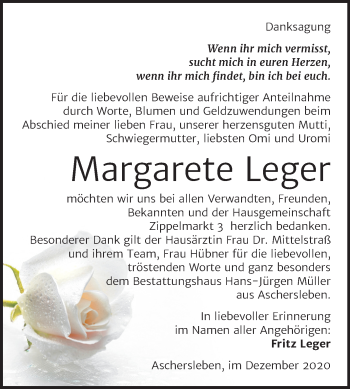 Traueranzeige von Margarete Leger von Super Sonntag Aschersleben