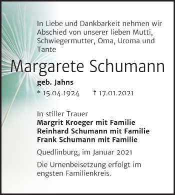 Traueranzeige von Margarete Schumann von Super Sonntag Quedlinburg