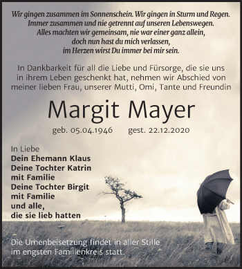 Traueranzeige von Margit Mayer von Mitteldeutsche Zeitung Wittenberg