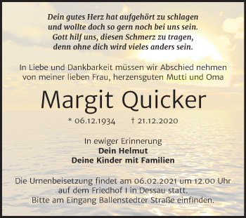 Traueranzeige von Margit Quicker von Mitteldeutsche Zeitung Dessau-Roßlau