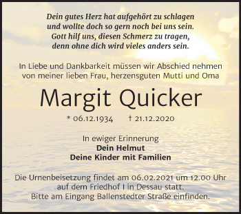 Traueranzeige von Margit Quicker von Super Sonntag Dessau-Roßlau