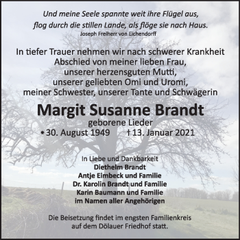 Traueranzeige von Margit Susanne Brandt von Mitteldeutsche Zeitung Halle/Saalkreis