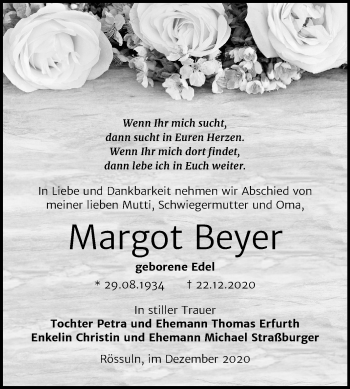 Traueranzeige von Margot Beyer von Mitteldeutsche Zeitung Weißenfels