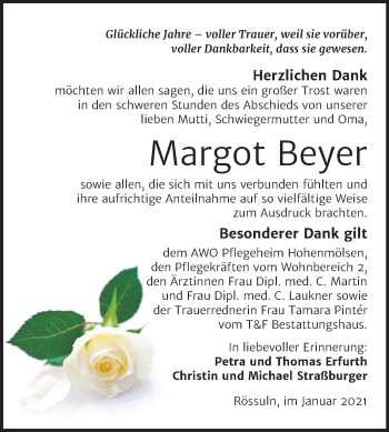 Traueranzeige von Margot Beyer von Super Sonntag Weißenfels