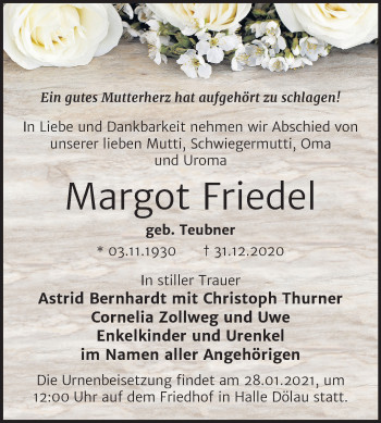 Traueranzeige von Margot Friedel von Mitteldeutsche Zeitung Halle/Saalkreis