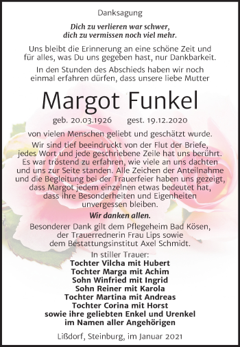 Traueranzeige von Margot Funkel von Super Sonntag Naumburg/Nebra