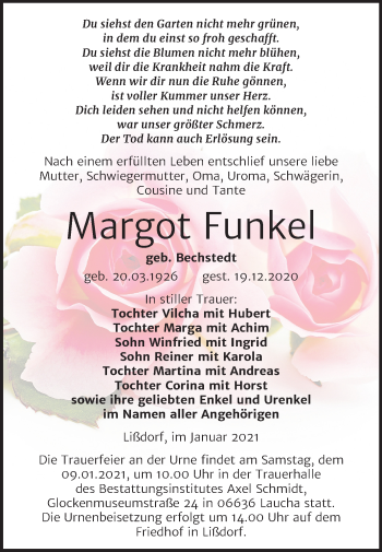 Traueranzeige von Margot Funkel von Super Sonntag Naumburg/Nebra