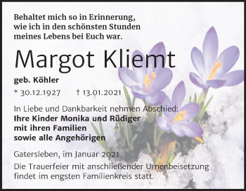 Traueranzeige von Margot Kliemt von Super Sonntag Aschersleben