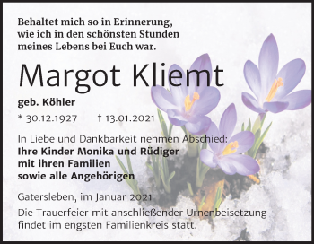 Traueranzeige von Margot Kliemt von Mitteldeutsche Zeitung Aschersleben