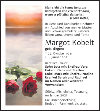 Traueranzeige von Margot Kobelt von Super Sonntag Zeitz