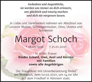 Traueranzeige von Margot Schoch von Mitteldeutsche Zeitung Bernburg