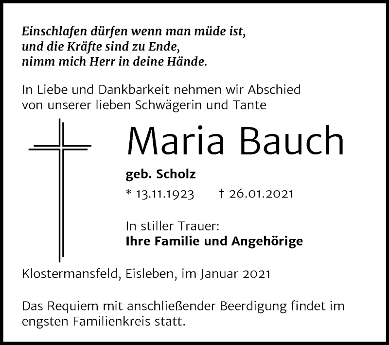  Traueranzeige für Maria Bauch vom 30.01.2021 aus Super Sonntag Mansfelder Land
