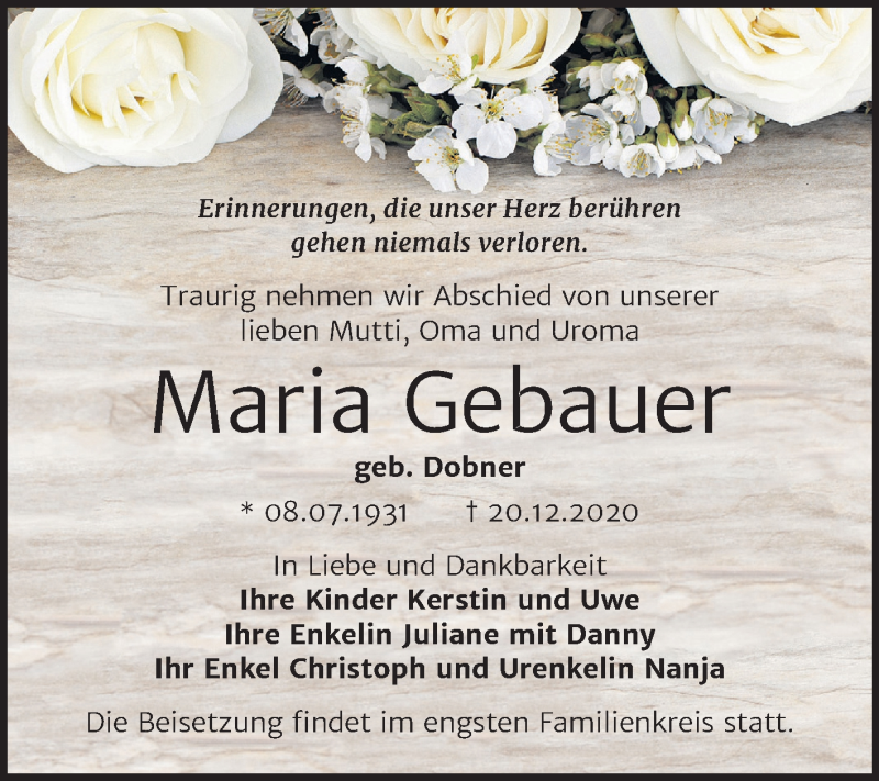  Traueranzeige für Maria Gebauer vom 02.01.2021 aus Super Sonntag Bernburg