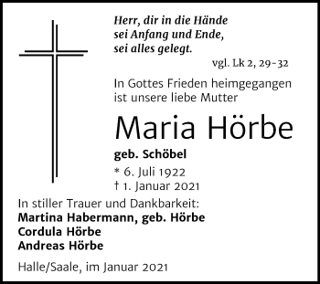 Traueranzeige von Maria Hörbe von Mitteldeutsche Zeitung Halle/Saalkreis