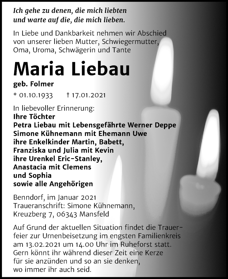  Traueranzeige für Maria Liebau vom 28.01.2021 aus Mitteldeutsche Zeitung Mansfelder Land