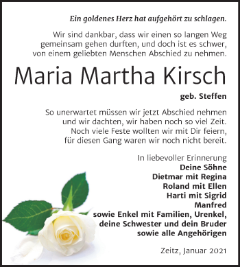 Traueranzeige von Maria Martha Kirsch von Mitteldeutsche Zeitung Zeitz