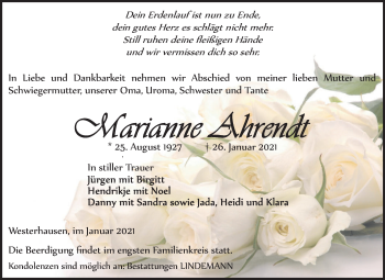Traueranzeige von Marianne Ahrendt von Mitteldeutsche Zeitung Quedlinburg