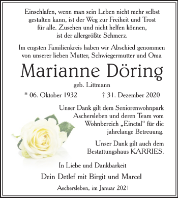 Traueranzeige von Marianne Döring von Mitteldeutsche Zeitung Aschersleben