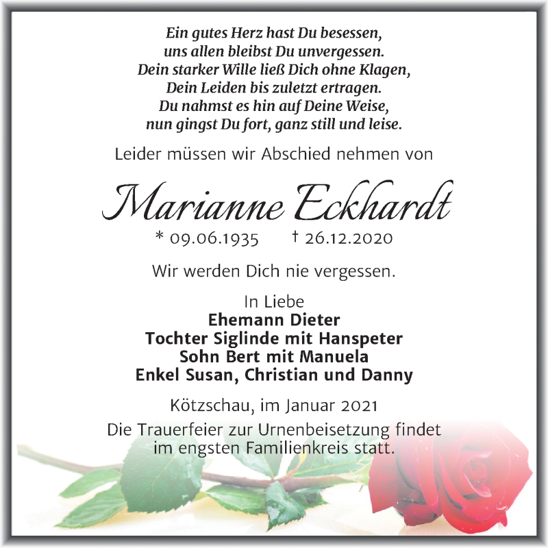  Traueranzeige für Marianne Eckhardt vom 09.01.2021 aus Mitteldeutsche Zeitung Merseburg/Querfurt