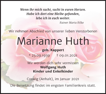 Traueranzeige von Marianne Huth von Super Sonntag Wittenberg