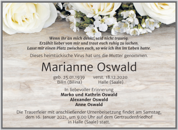Traueranzeige von Marianne Oswald von Mitteldeutsche Zeitung Halle/Saalkreis