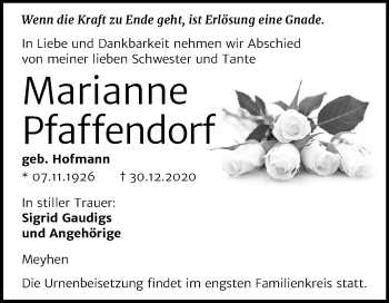 Traueranzeige von Marianne Pfaffendorf von Mitteldeutsche Zeitung Naumburg/Nebra