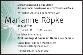 Traueranzeige von Marianne Röpke von Super Sonntag Köthen