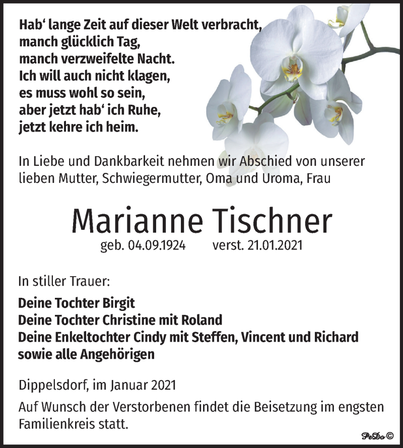  Traueranzeige für Marianne Tischner vom 30.01.2021 aus Super Sonntag Weißenfels