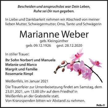 Traueranzeige von Marianne Weber von Super Sonntag Weißenfels