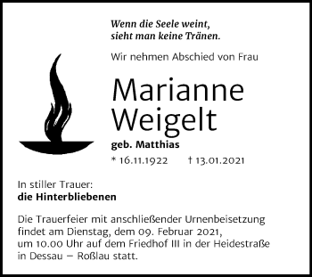 Traueranzeige von Marianne Weigelt von Super Sonntag Dessau-Roßlau