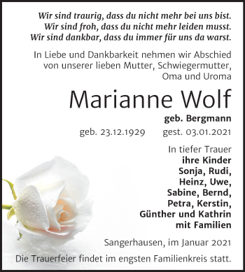 Traueranzeige von Marianne Wolf von Mitteldeutsche Zeitung Sangerhausen