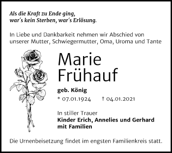Traueranzeige von Marie Frühauf von Mitteldeutsche Zeitung Bernburg