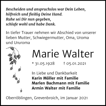 Traueranzeige von Marie Walter von Mitteldeutsche Zeitung Sangerhausen