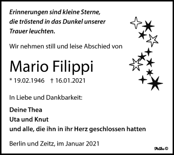 Traueranzeige von Mario Filippi von Super Sonntag Zeitz