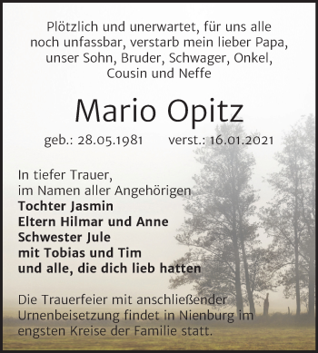 Traueranzeige von Mario Opitz von Super Sonntag Bernburg