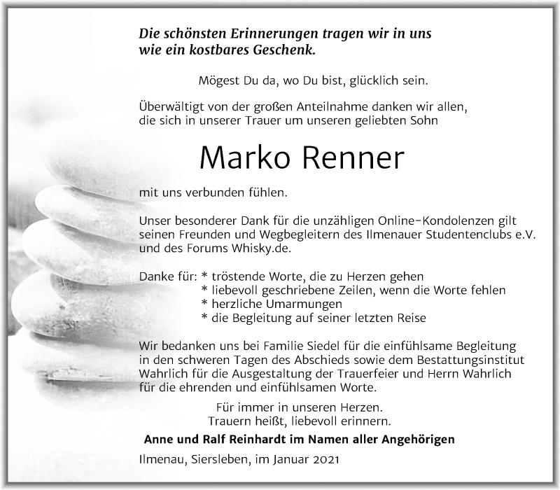  Traueranzeige für Marko Renner vom 13.01.2021 aus Mitteldeutsche Zeitung Mansfelder Land